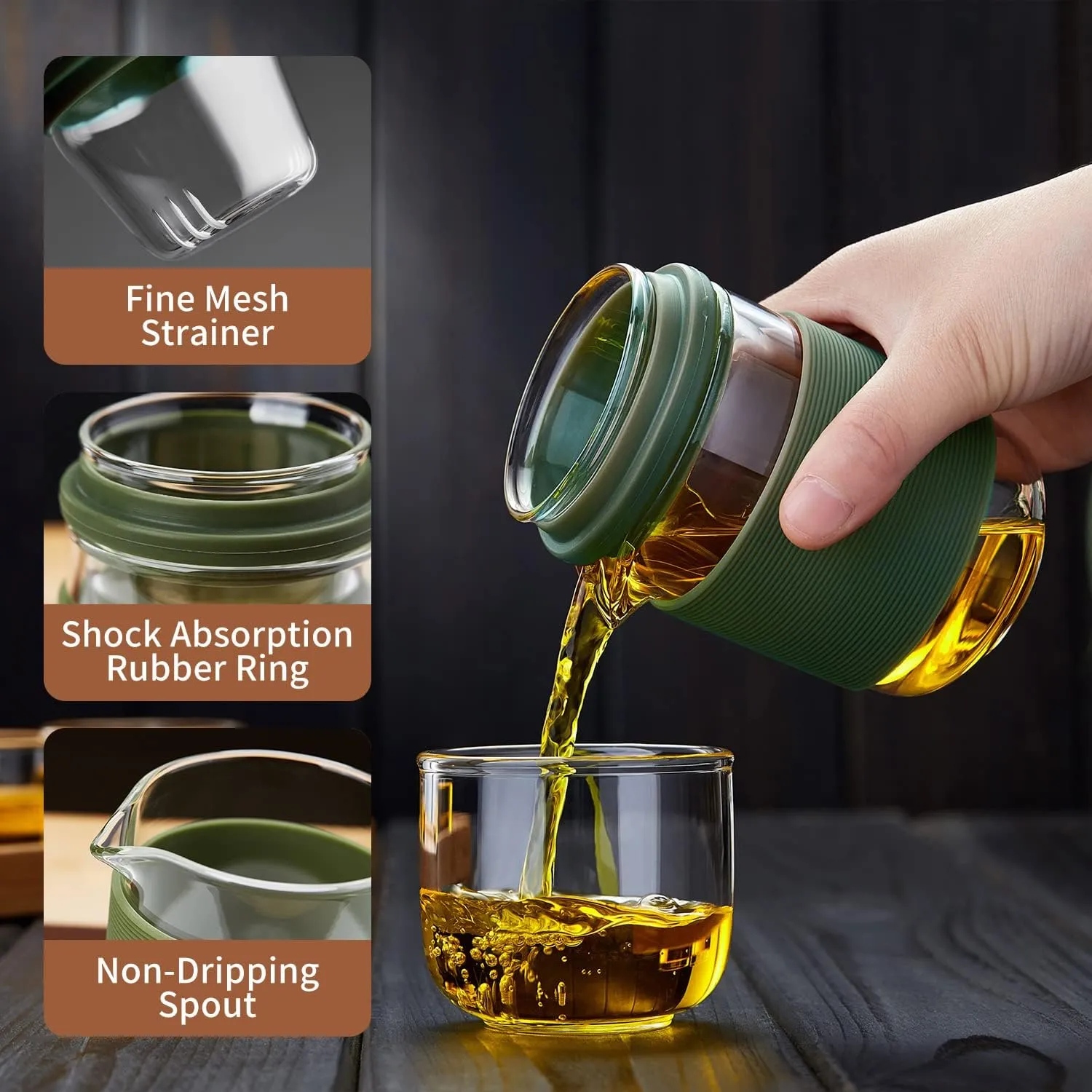 Glass Teacup, Infuser Mug Glass Tea Cup, Tea Set, Portable Glass Tea Pot Set with 1 Strainer, 2 Cups, 1 Master Mug, Clear Mug for Loose Leaf Tea, Steeping Mug with Removable Strainer and Lid