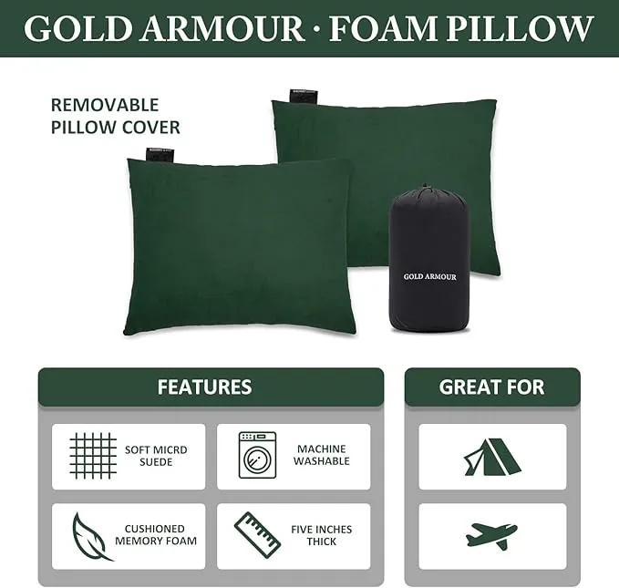 Gold Armour Camping Pillow Memory Foam - Compact Compressible Backpacking, Hammock, and Travel Pillows for Kids and Adults - Essential Outdoor & Camping Gear (Small 12 x 16in, Green)