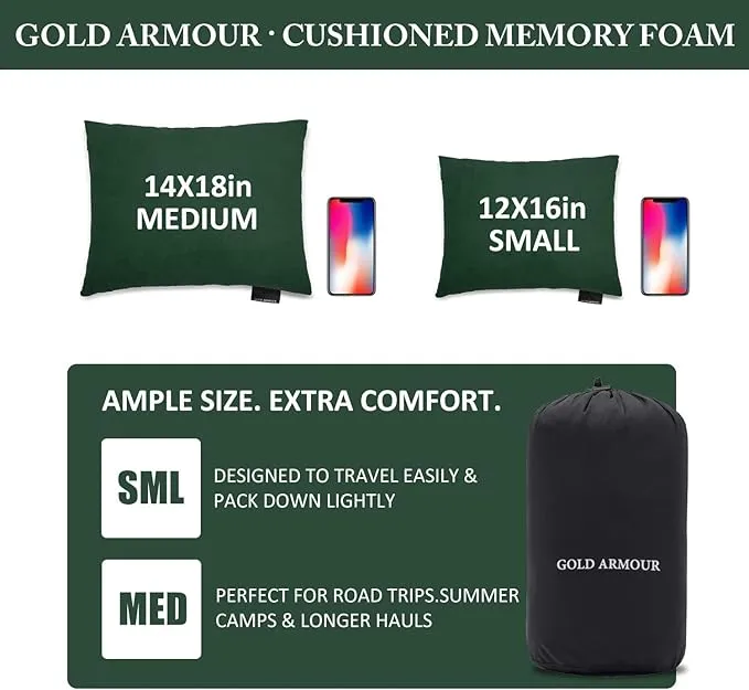 Gold Armour Camping Pillow Memory Foam - Compact Compressible Backpacking, Hammock, and Travel Pillows for Kids and Adults - Essential Outdoor & Camping Gear (Small 12 x 16in, Green)