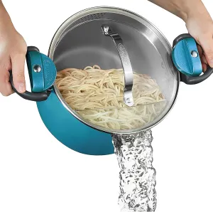 Gotham Steel 5 Quart Stock Pot Ceramic Multipurpose Pasta Pot with Strainer Lid & Twist and Lock Handles, Tempered Glass Lid, Dishwasher Safe, Aqua Blue