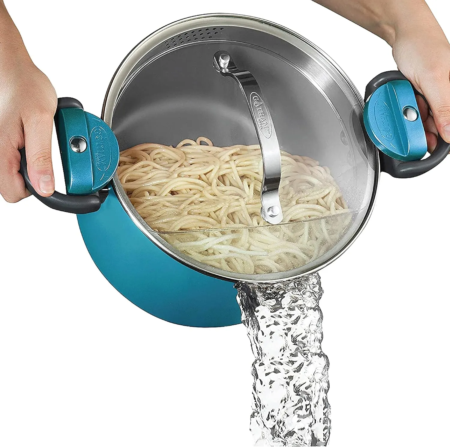 Gotham Steel 5 Quart Stock Pot Ceramic Multipurpose Pasta Pot with Strainer Lid & Twist and Lock Handles, Tempered Glass Lid, Dishwasher Safe, Aqua Blue