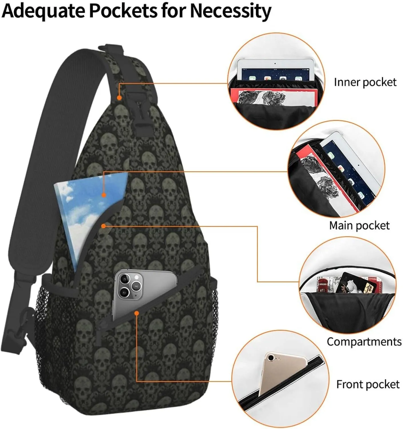 Gothic Black Skull-1 Sling Backpack Hiking Backpack Crossbody Bag Sports Lightweight And waterproof Chest Bag Shoulder Bag For Women Men