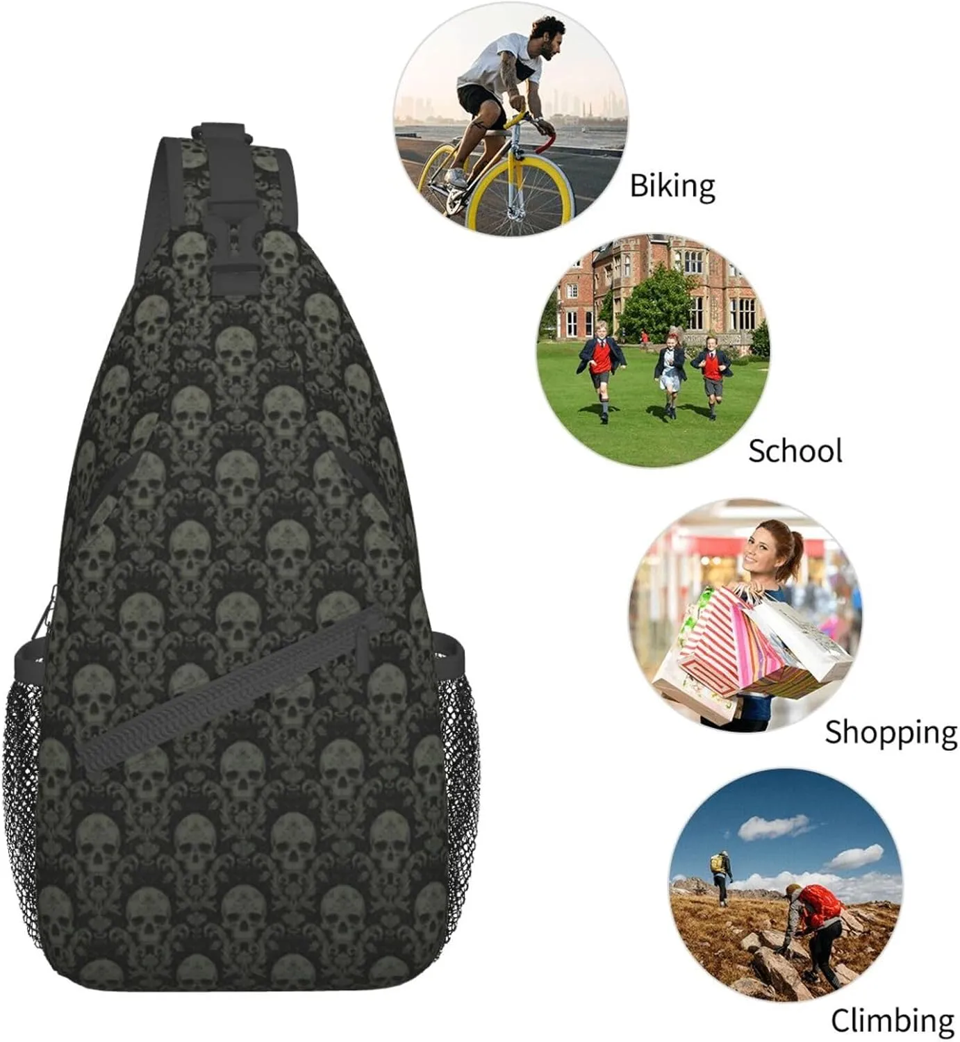 Gothic Black Skull-1 Sling Backpack Hiking Backpack Crossbody Bag Sports Lightweight And waterproof Chest Bag Shoulder Bag For Women Men