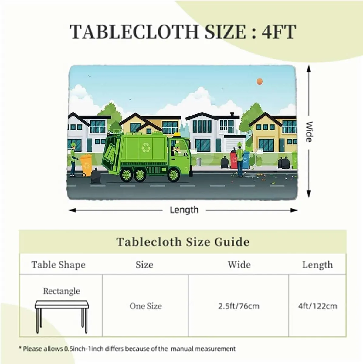 Green Blue Elastic Fitted Picnic Table Cover Garbage Truck Truck on Elastic Fitted Tablecloth Waterproof Wipeable,for 4 Foot Tables Cars