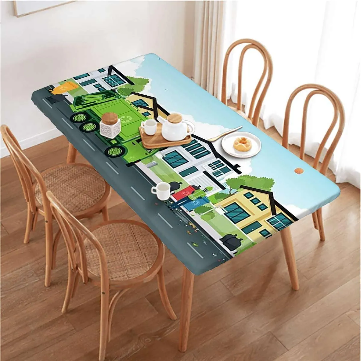 Green Blue Elastic Fitted Picnic Table Cover Garbage Truck Truck on Elastic Fitted Tablecloth Waterproof Wipeable,for 4 Foot Tables Cars