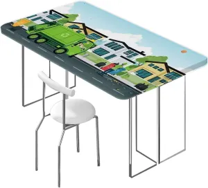 Green Blue Elastic Fitted Picnic Table Cover Garbage Truck Truck on Elastic Fitted Tablecloth Waterproof Wipeable,for 4 Foot Tables Cars