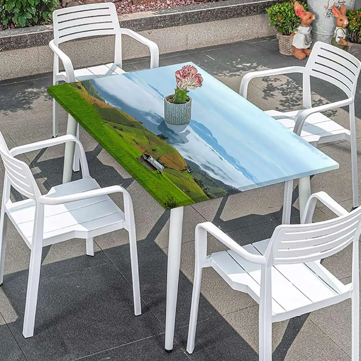 Green Blue Elastic Tablecloth Spring Alpine Meadow Rectangle Table Cover for Outdoor Picnic Camping Parties Agriculture Landscape Fits up 5 Foot Tables