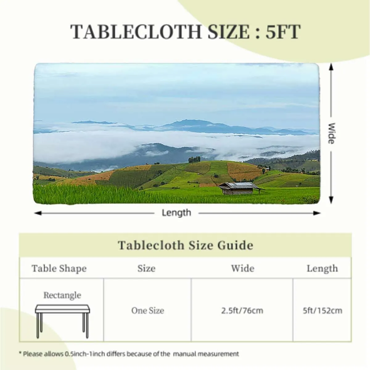 Green Blue Elastic Tablecloth Spring Alpine Meadow Rectangle Table Cover for Outdoor Picnic Camping Parties Agriculture Landscape Fits up 5 Foot Tables