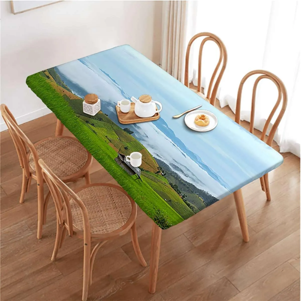 Green Blue Elastic Tablecloth Spring Alpine Meadow Rectangle Table Cover for Outdoor Picnic Camping Parties Agriculture Landscape Fits up 5 Foot Tables