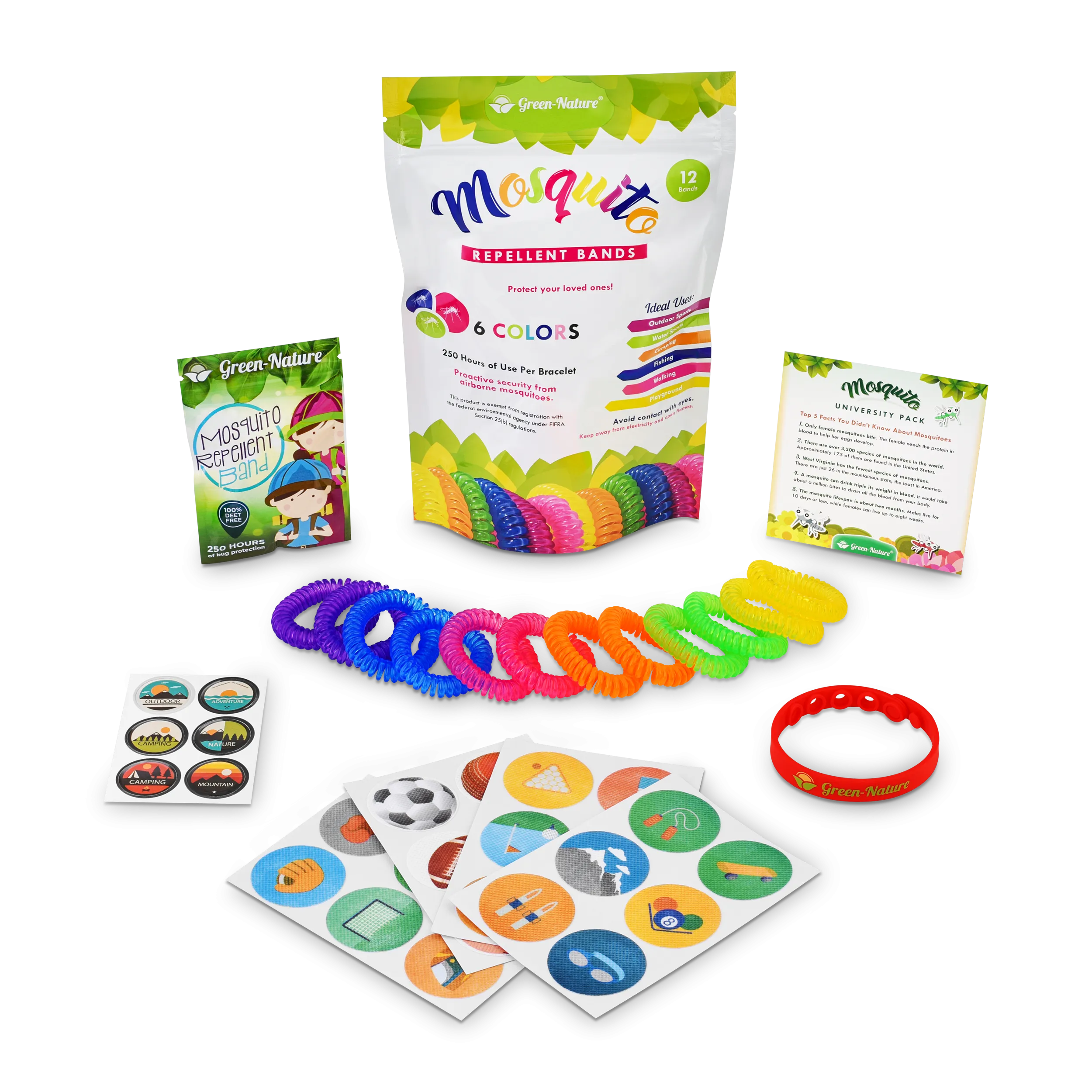 Green Nature Mosquito Repellent Bracelets Individually Packed (12) and 24 Patches