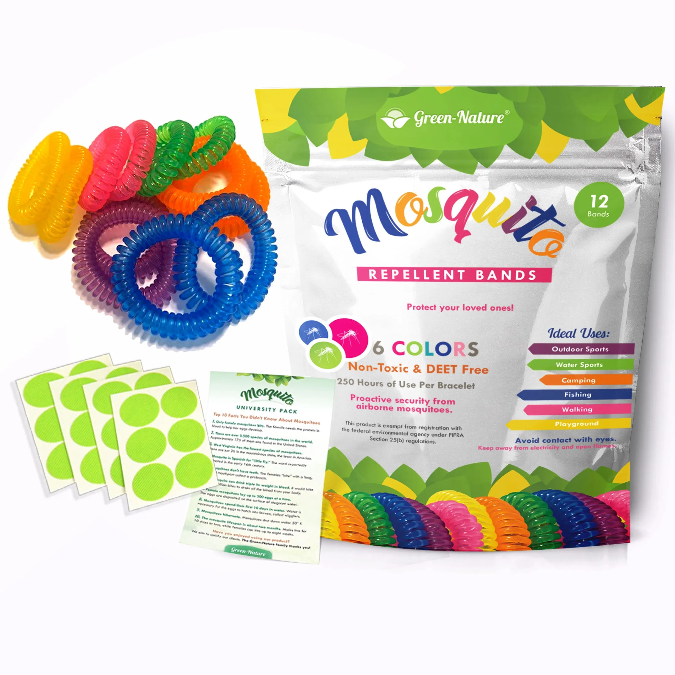 Green Nature Mosquito Repellent Bracelets Individually Packed (12) and 24 Patches
