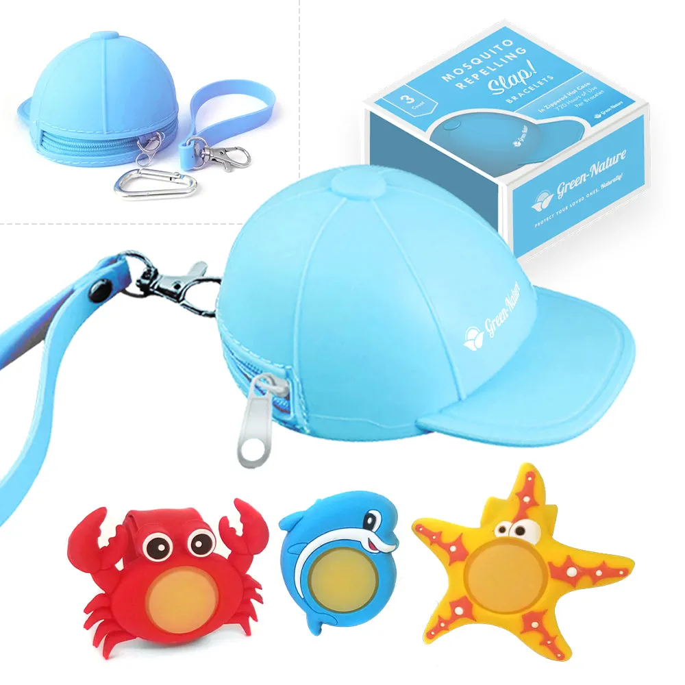 Green-Nature Mosquito Repellent Slap Bracelet , Wristband 3 Pack with Cartoon Figures Blue Hat
