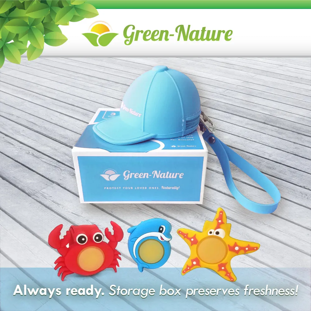 Green-Nature Mosquito Repellent Slap Bracelet , Wristband 3 Pack with Cartoon Figures Blue Hat