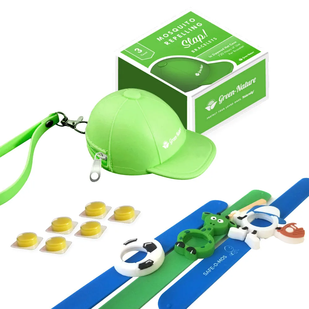 Green-Nature Mosquito Repellent Slap Bracelet , Wristband 3 Pack with Cartoon Figures Green Hat
