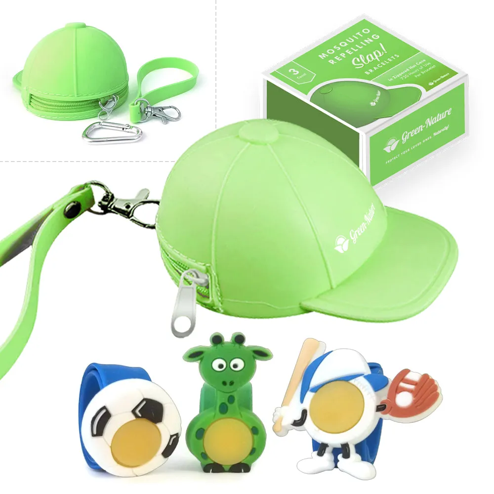 Green-Nature Mosquito Repellent Slap Bracelet , Wristband 3 Pack with Cartoon Figures Green Hat