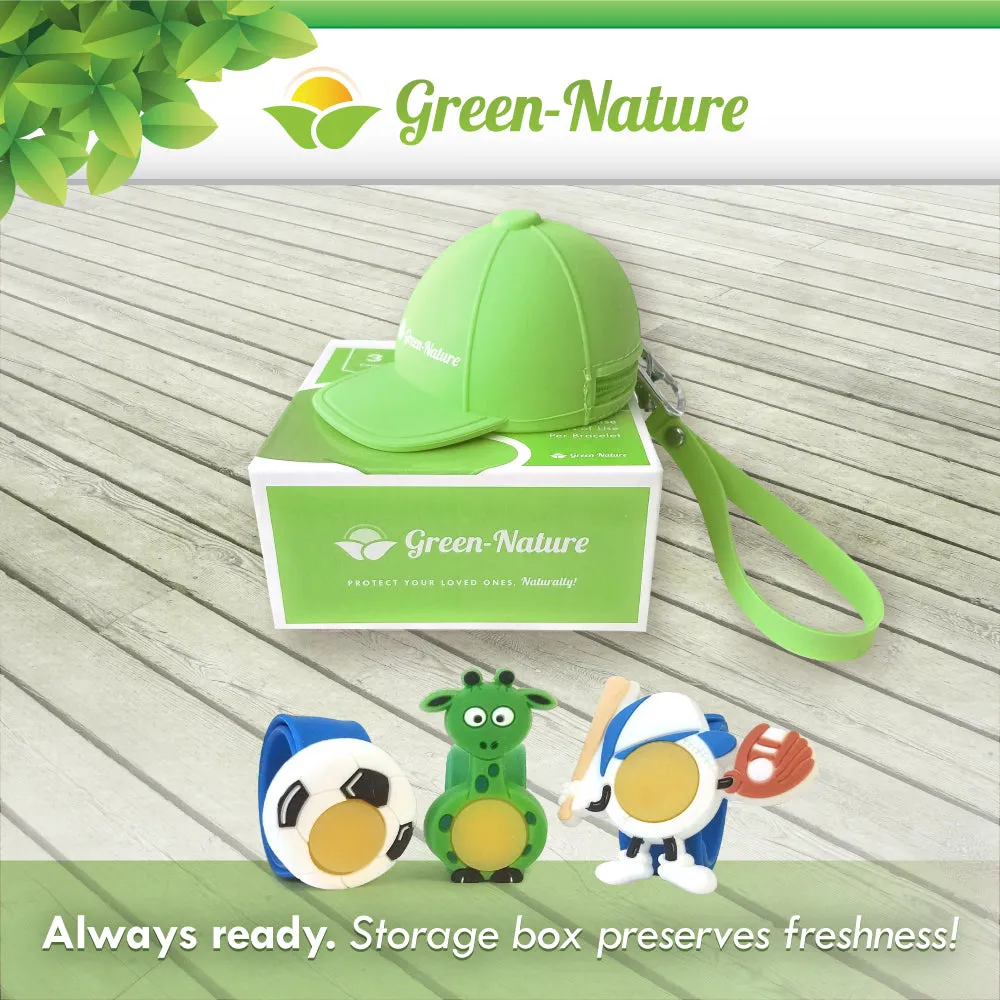 Green-Nature Mosquito Repellent Slap Bracelet , Wristband 3 Pack with Cartoon Figures Green Hat