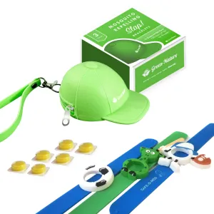Green-Nature Mosquito Repellent Slap Bracelet , Wristband 3 Pack with Cartoon Figures Green Hat