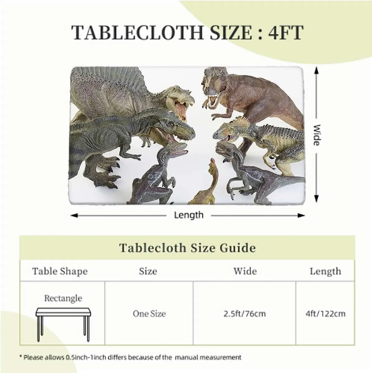 Green Pearl Fitted Tablecloth Cover, Dinosaurs Prehistoric Cartoon Animals Polyester Fitted Waterproof Outdoor Tablecloth Protector with Elastic,for 4 Foot Tables Dinosaur