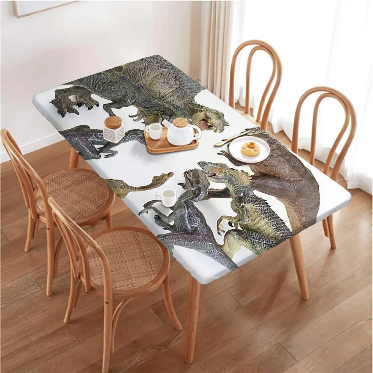 Green Pearl Fitted Tablecloth Cover, Dinosaurs Prehistoric Cartoon Animals Polyester Fitted Waterproof Outdoor Tablecloth Protector with Elastic,for 4 Foot Tables Dinosaur