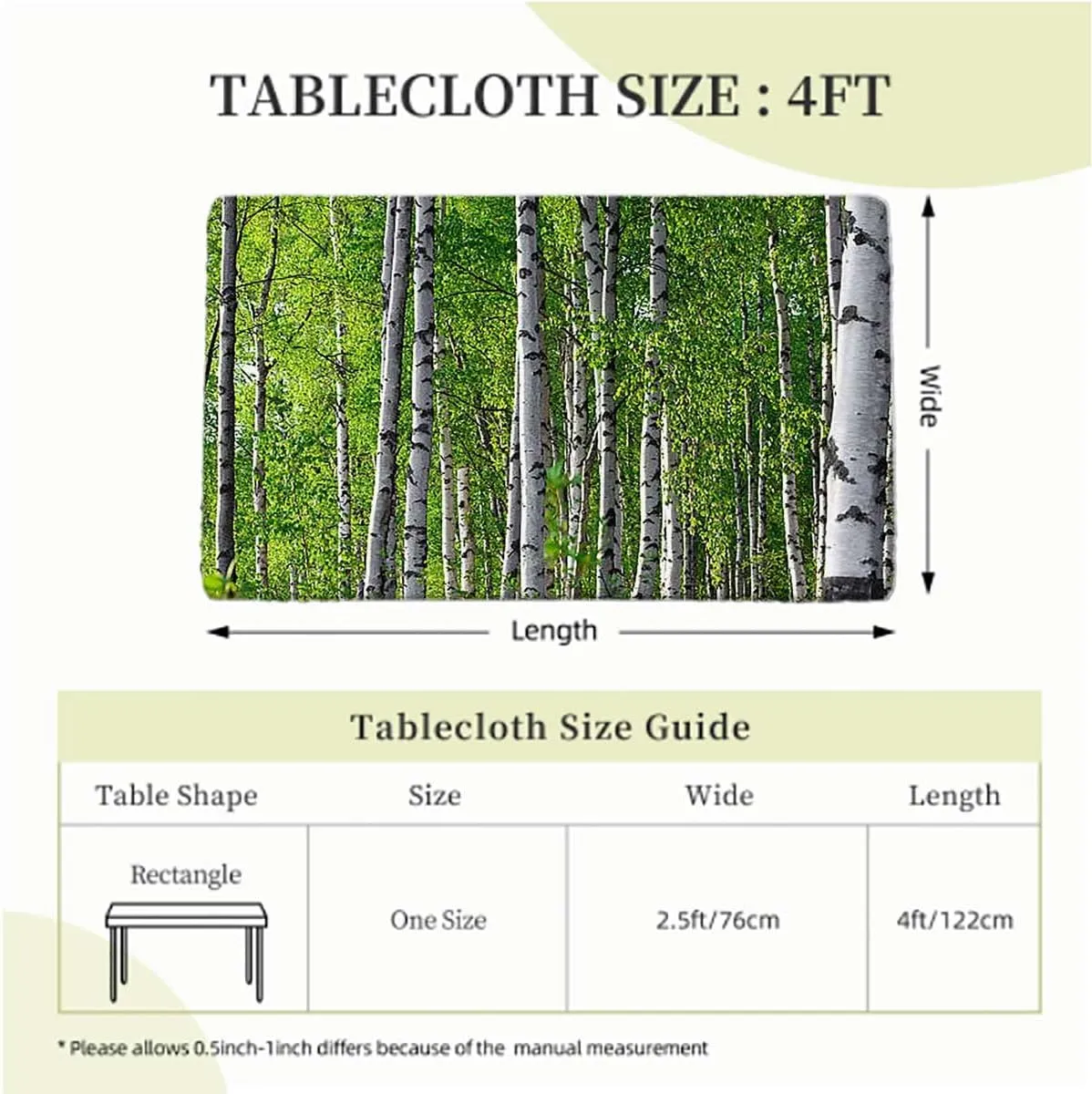 Green White Rectangle Elastic Fitted Tablecloth Green Leaves Forest Rural Landscape Elastic Edge Fitted Tablecloth for Rectangle Table Birch Tree Fits up 4 Foot Tables