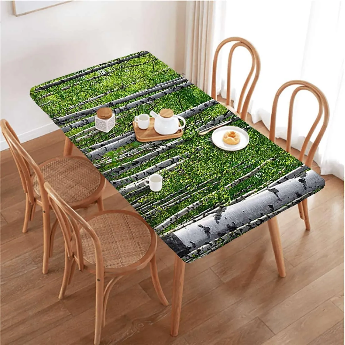 Green White Rectangle Elastic Fitted Tablecloth Green Leaves Forest Rural Landscape Elastic Edge Fitted Tablecloth for Rectangle Table Birch Tree Fits up 4 Foot Tables