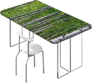 Green White Rectangle Elastic Fitted Tablecloth Green Leaves Forest Rural Landscape Elastic Edge Fitted Tablecloth for Rectangle Table Birch Tree Fits up 4 Foot Tables