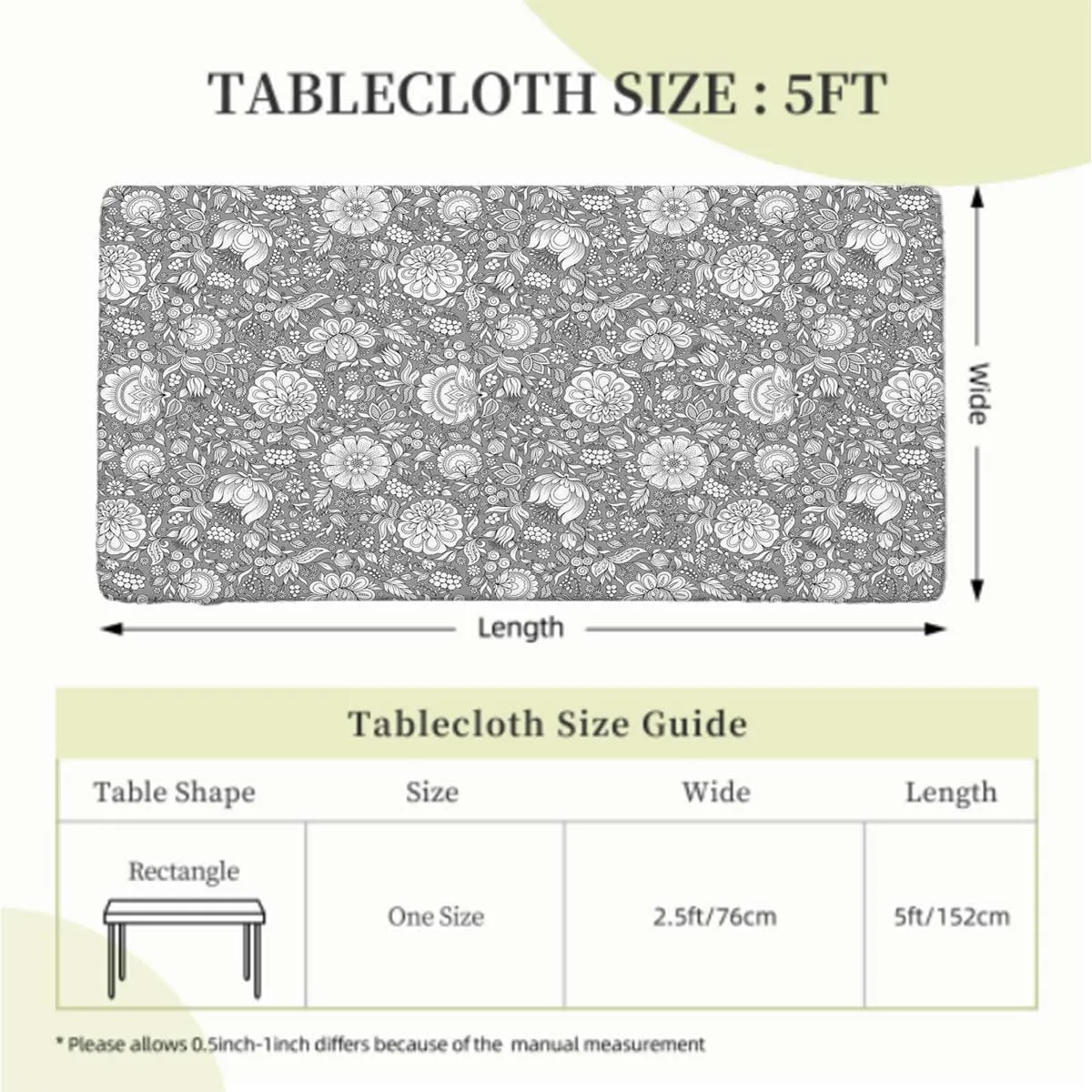 Grey Black Elastic Tablecloth Flower Effect and Leaves Antique Design for Kitchen Parties Wedding Indoor Holiday Dining Table Decor Pads Floral Fits up 5 Foot Tables