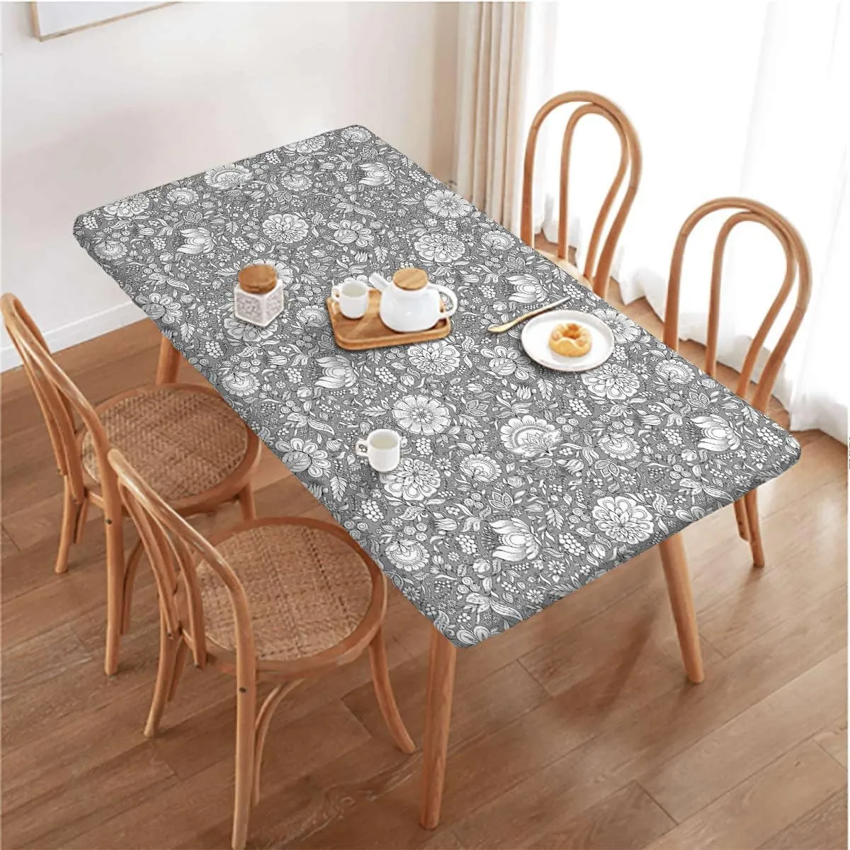 Grey Black Elastic Tablecloth Flower Effect and Leaves Antique Design for Kitchen Parties Wedding Indoor Holiday Dining Table Decor Pads Floral Fits up 5 Foot Tables