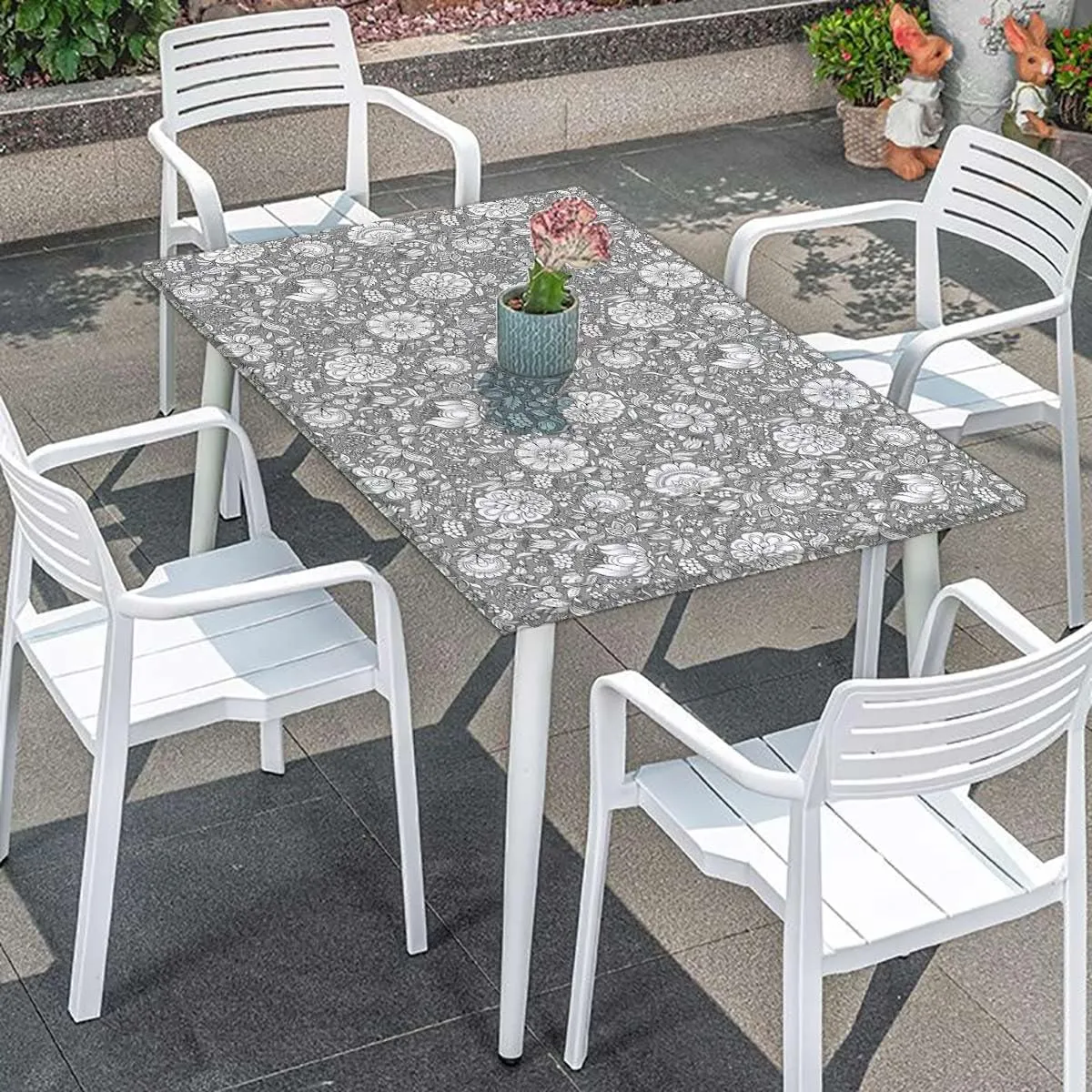 Grey Black Elastic Tablecloth Flower Effect and Leaves Antique Design for Kitchen Parties Wedding Indoor Holiday Dining Table Decor Pads Floral Fits up 5 Foot Tables