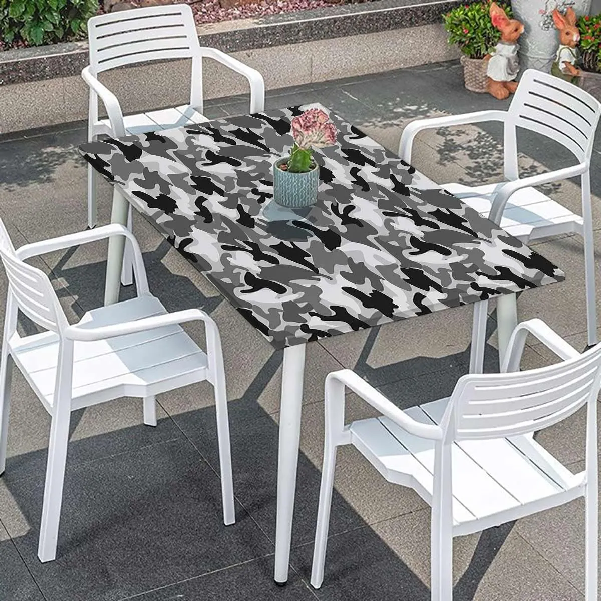 Grey Black Rectangle Tablecloth, Camouflage Concept Concealment Waterproof Elastic Fitted Table Covers,Camping, Indoor, Outdoor Camo Abstract Texture Fits up 5 Foot Tables