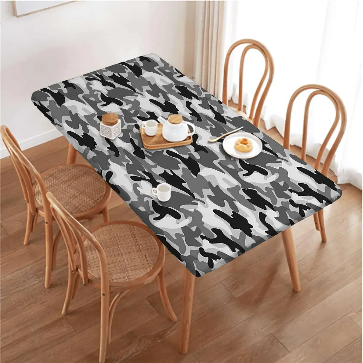 Grey Black Rectangle Tablecloth, Camouflage Concept Concealment Waterproof Elastic Fitted Table Covers,Camping, Indoor, Outdoor Camo Abstract Texture Fits up 5 Foot Tables