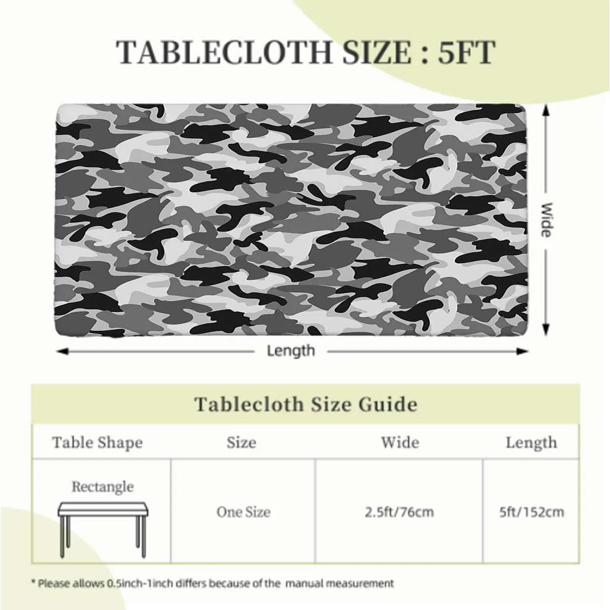 Grey Black Rectangle Tablecloth, Camouflage Concept Concealment Waterproof Elastic Fitted Table Covers,Camping, Indoor, Outdoor Camo Abstract Texture Fits up 5 Foot Tables