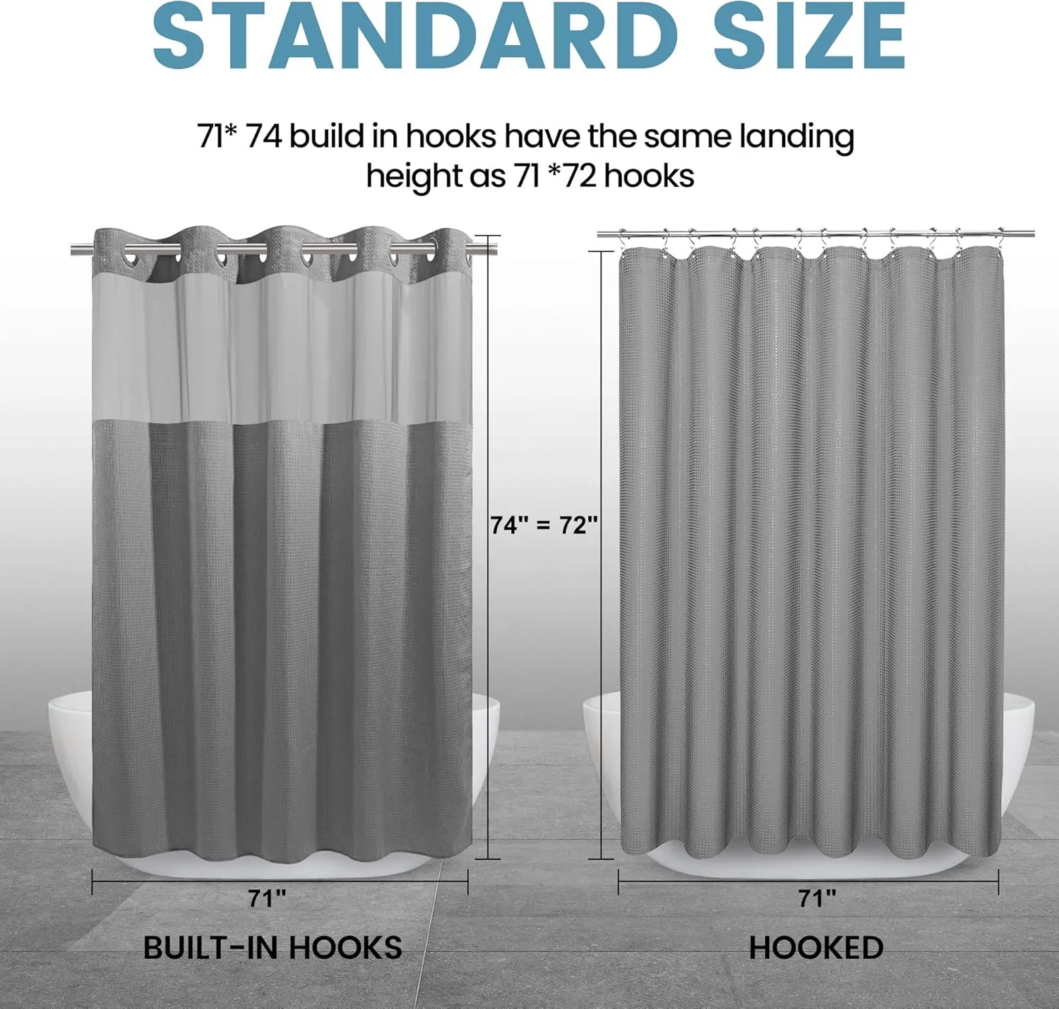 Grey Shower Curtain and Liner Set - 230GSM Waffle Weave Textured Heavy Duty,Hotel Luxury Weighted Bath Curtain,71W x 74H