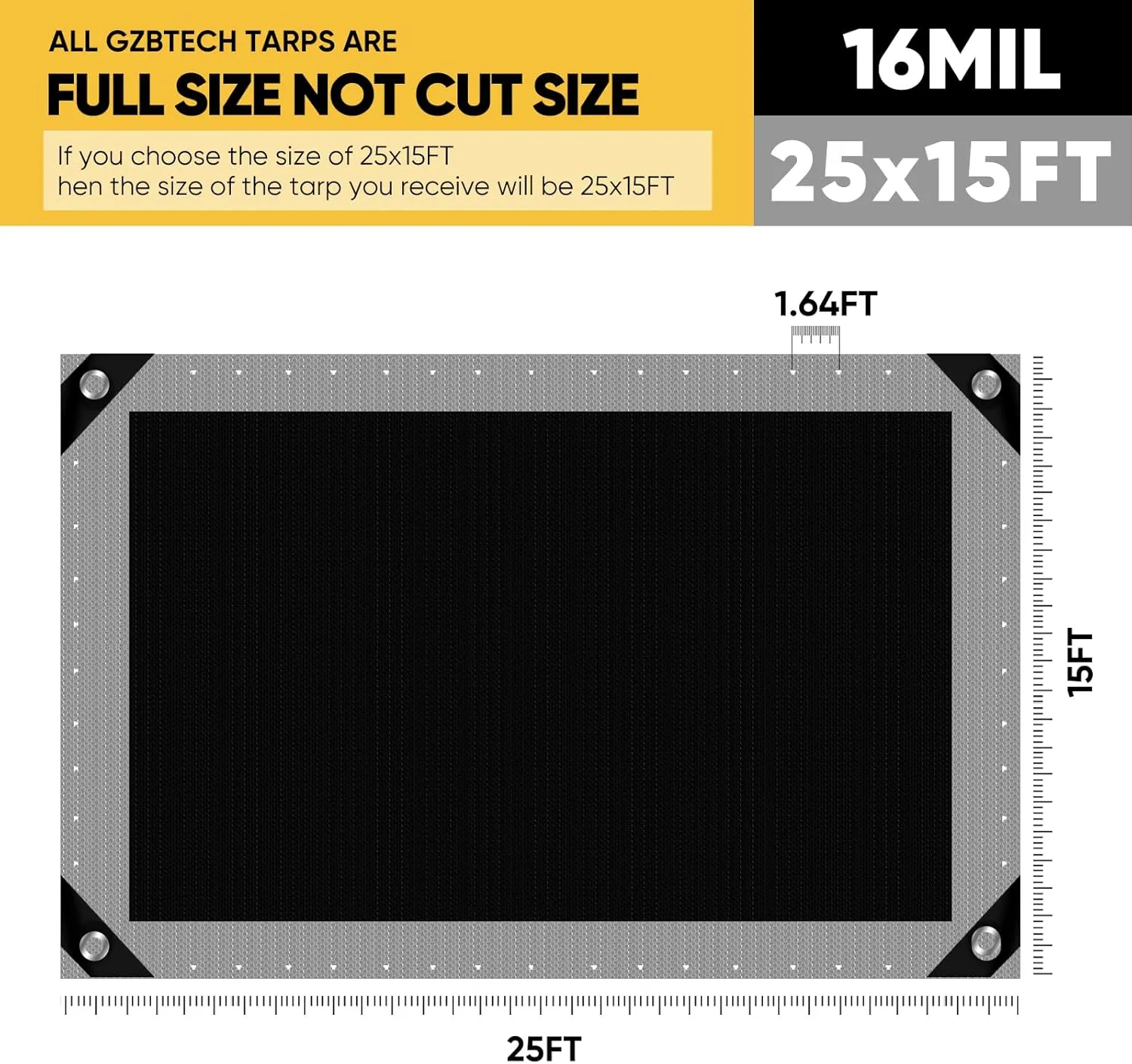 GZBtech 16Mil Heavy Duty Tarp 15x25FT, Waterproof Thick Plastic Ground Cover for Outdoor Patio Garden Yard Use, UV Resistant Poly Tarps for Trailer Car Truck Bike Pool Firewood Silver&Black