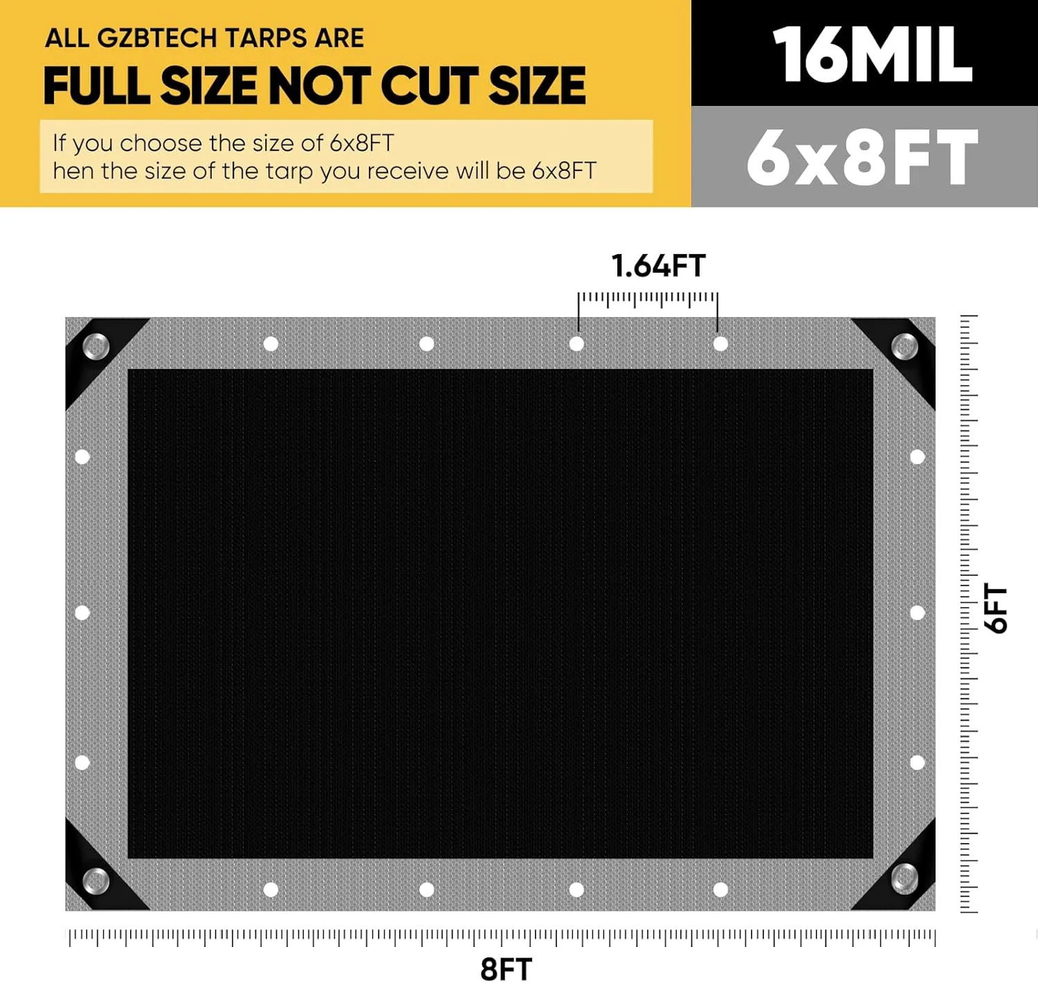 GZBtech 16Mil Heavy Duty Tarp 6x8FT, Waterproof Thick Plastic Ground Cover for Outdoor Patio Garden Yard Use, UV Resistant Poly Tarps for Trailer Car Truck Bike Pool Firewood Silver&Black