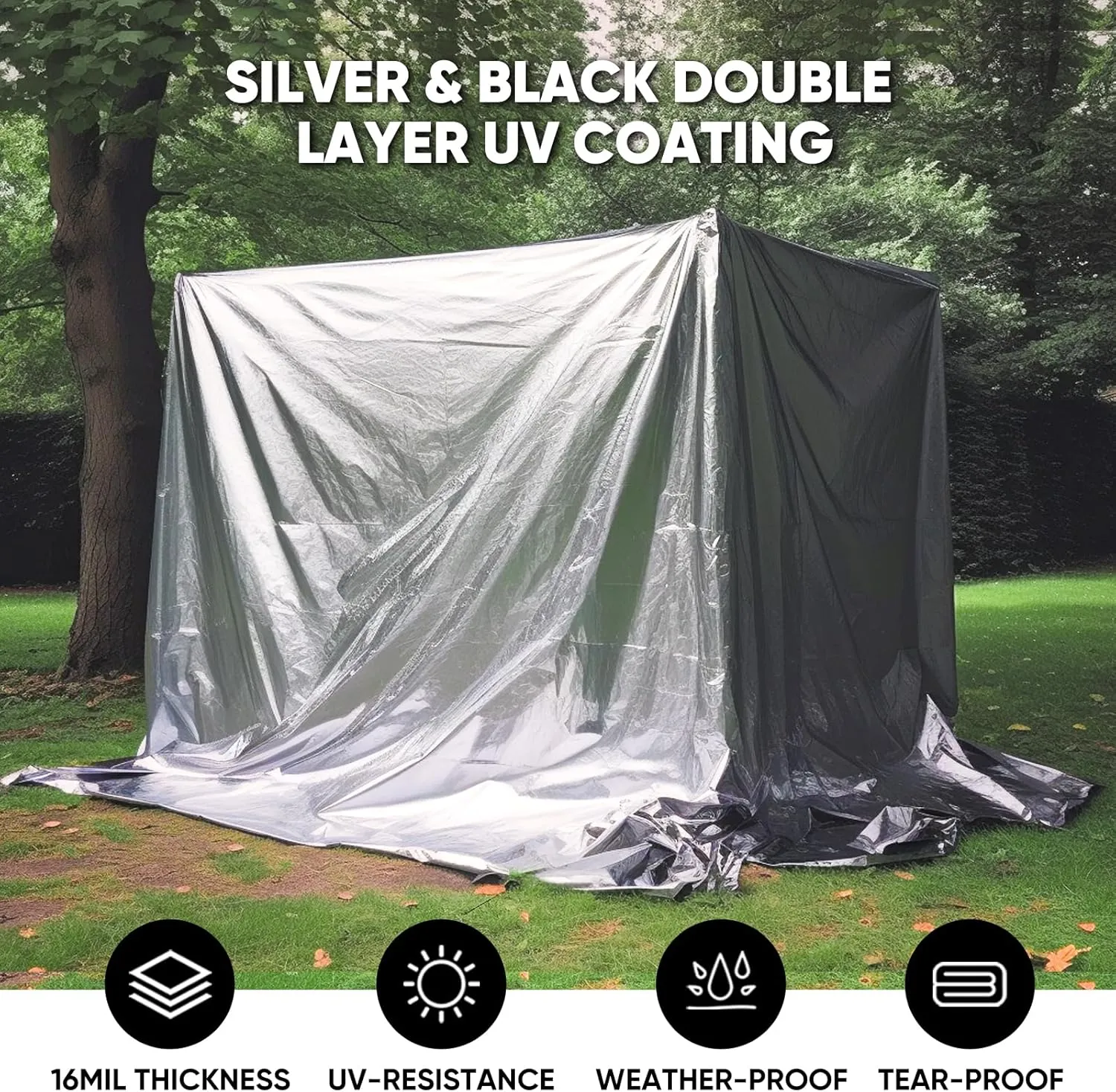 GZBtech 16Mil Heavy Duty Tarp 6x8FT, Waterproof Thick Plastic Ground Cover for Outdoor Patio Garden Yard Use, UV Resistant Poly Tarps for Trailer Car Truck Bike Pool Firewood Silver&Black