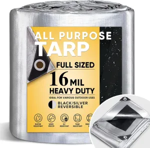 GZBtech 16Mil Heavy Duty Tarp 6x8FT, Waterproof Thick Plastic Ground Cover for Outdoor Patio Garden Yard Use, UV Resistant Poly Tarps for Trailer Car Truck Bike Pool Firewood Silver&Black