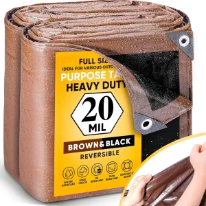 GZBtech 20Mil Super Heavy Duty Tarp 10x12FT, Waterproof Thick Brown&Black Outdoor PE Tarps for Patio Garden Use, UV Resistant Plastic Ground Cover for Trailer Car Truck Bike Pool Firewood