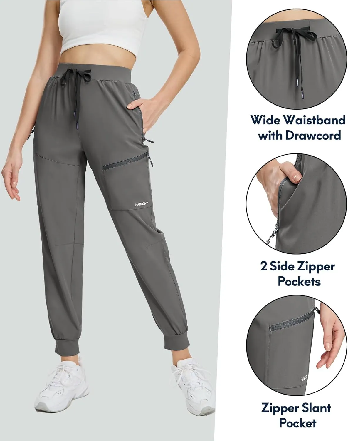 Haimont Women's Hiking Pants Joggers Lightweight Quick Dry Elastic Waist Stretch Pants with Zip Pockets Travel Camping
