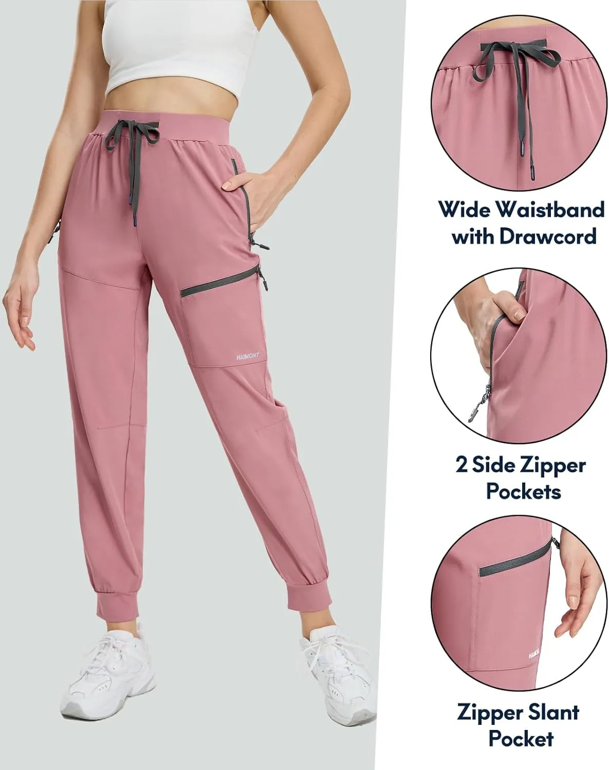 Haimont Women's Hiking Pants Joggers Lightweight Quick Dry Elastic Waist Stretch Pants with Zip Pockets Travel Camping