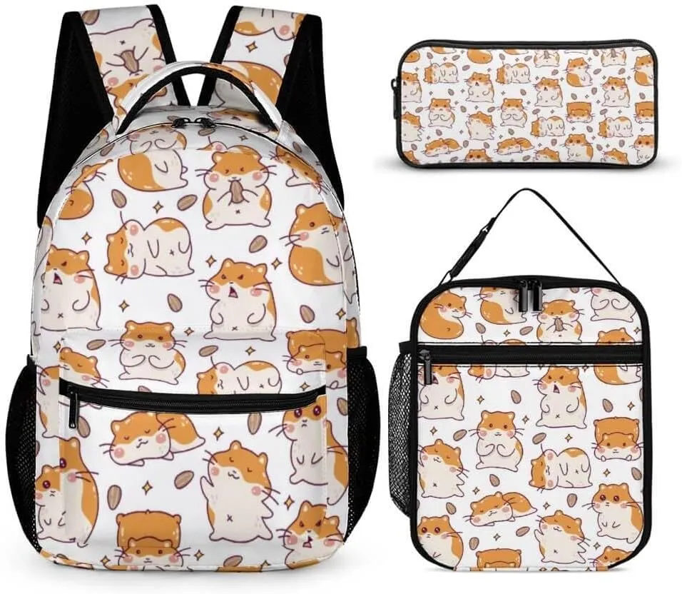 Hamster Backpack with Lunch Box & Pencil Case for Kids Girls Boys School, 16 Inch Cute Hamsters Bookbag, School Backpack for Students Children, Lightweight, Large Capacity