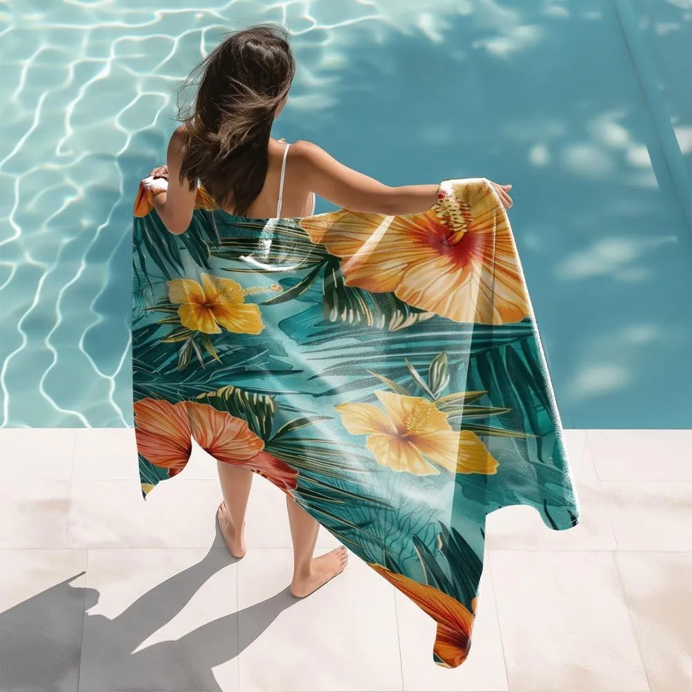Hawaii Tropical Floral Pattern Beach Towel Super Absorbent Oversized Towel Quick Drying Sand Repellent Beach Essential (3,70in x 39in (180x100cm))