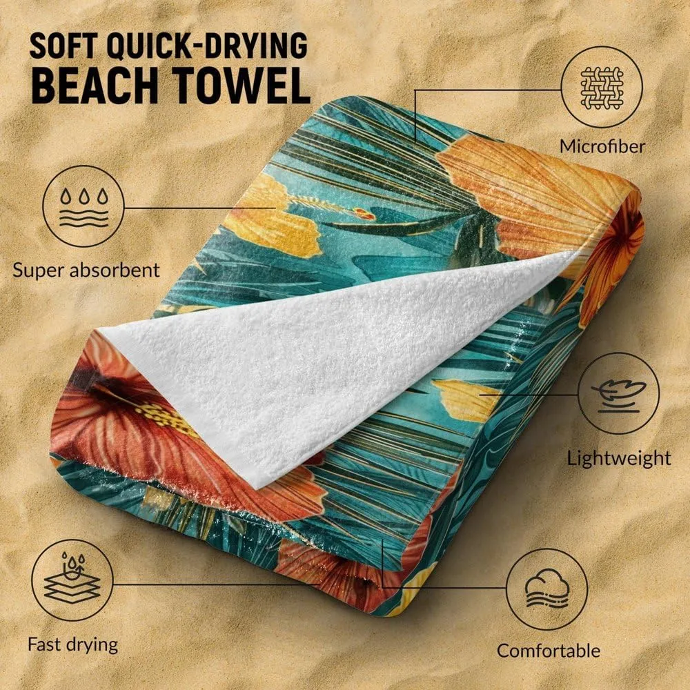 Hawaii Tropical Floral Pattern Beach Towel Super Absorbent Oversized Towel Quick Drying Sand Repellent Beach Essential (3,70in x 39in (180x100cm))