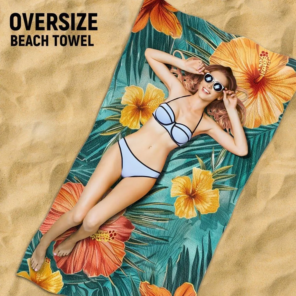 Hawaii Tropical Floral Pattern Beach Towel Super Absorbent Oversized Towel Quick Drying Sand Repellent Beach Essential (3,70in x 39in (180x100cm))