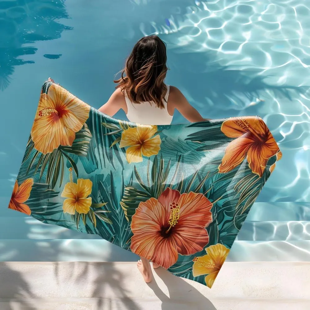 Hawaii Tropical Floral Pattern Beach Towel Super Absorbent Oversized Towel Quick Drying Sand Repellent Beach Essential (3,70in x 39in (180x100cm))