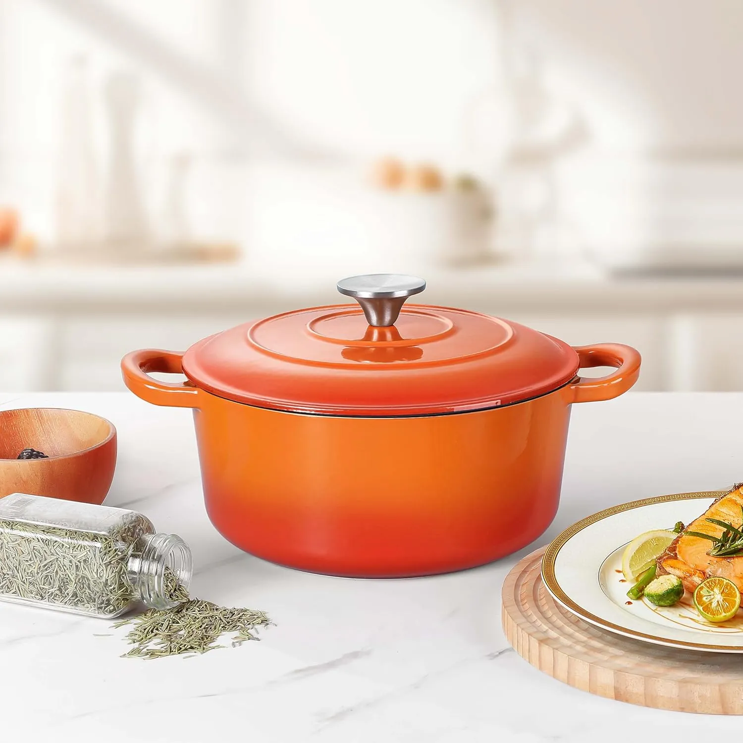 Herogo Enameled Cast Iron Dutch Oven with Lid and Dual Handles, 3QT Heavy Duty Round Dutch Oven Pot for Bread Baking Stewing Roasting, Nonstick & Easy Cleanup, Safe for Various Stovetops - Orange