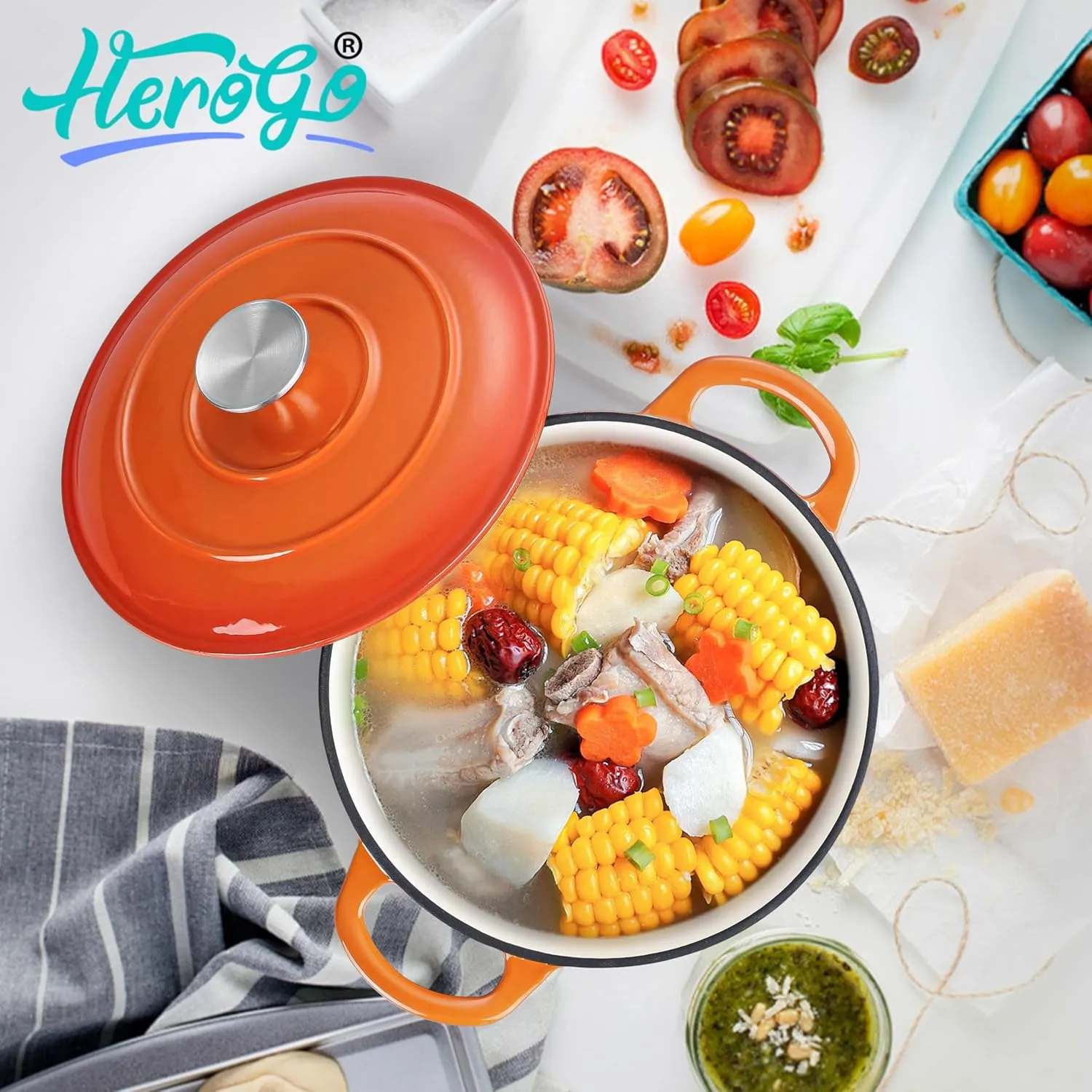 Herogo Enameled Cast Iron Dutch Oven with Lid and Dual Handles, 3QT Heavy Duty Round Dutch Oven Pot for Bread Baking Stewing Roasting, Nonstick & Easy Cleanup, Safe for Various Stovetops - Orange
