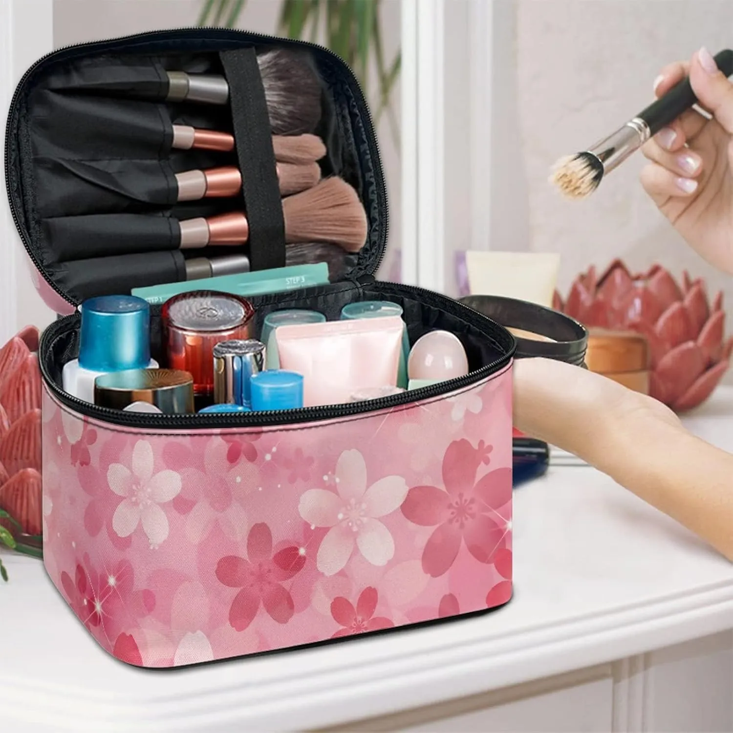 Horeset Cherry Blossom Print Cosmetic Bag Portable Bag Makeup Bags Travel Toiletry Bag Accessories Organizer for Women Girls