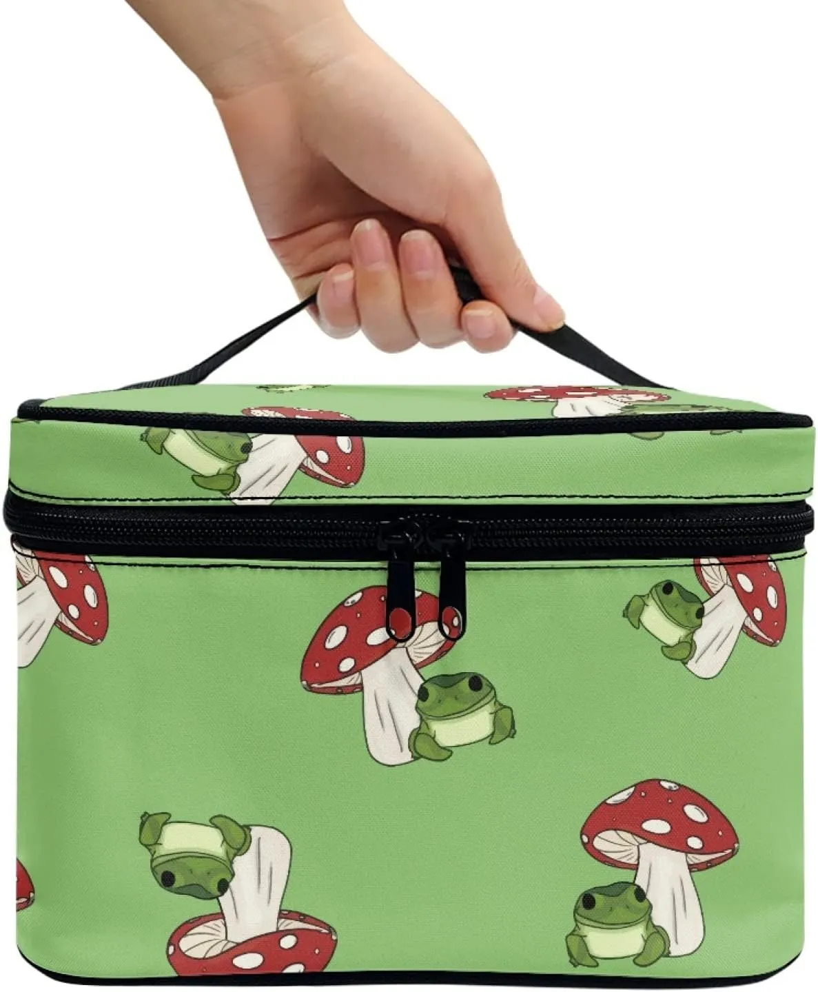 Horeset Mushroom Frog Print Cosmetic Bag Two-Way Zipper Portable Durable Bag Waterproof Makeup Bag for Travel Business