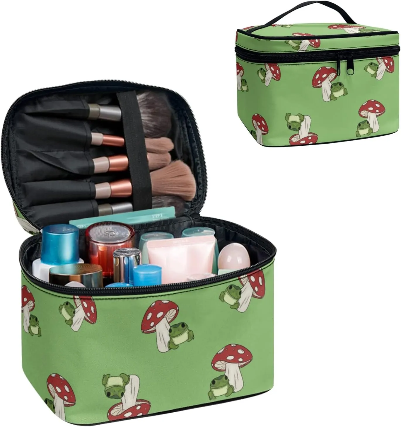Horeset Mushroom Frog Print Cosmetic Bag Two-Way Zipper Portable Durable Bag Waterproof Makeup Bag for Travel Business